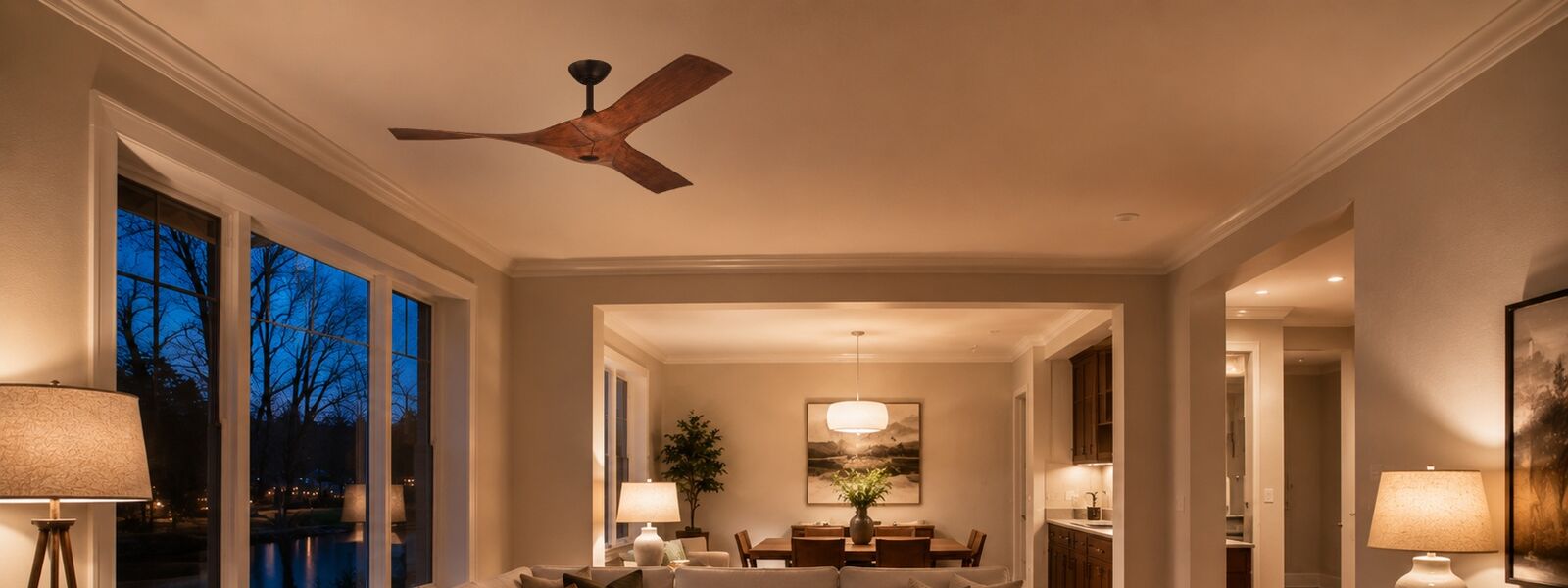 A GoGo F91010 ceiling fan in the great room of an American home at dusk